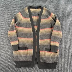 GAP Cardigan Sweater Women Large Gray Pink Stripe Open Front Cozy Boho